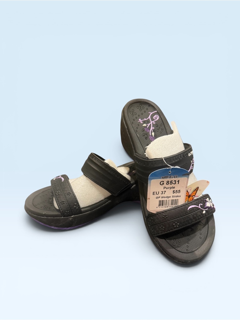 Comfort Wedge Sandals for Women — Black with Purple Floral Accent